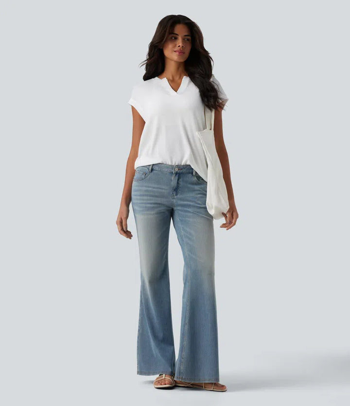 Semi Sheer Notched Short Sleeve Casual T-Shirt