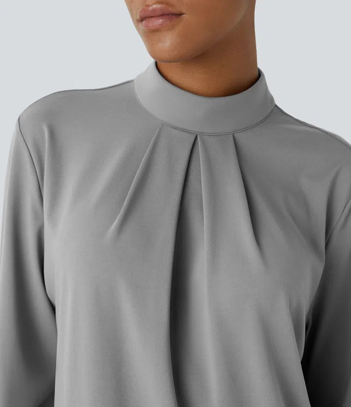 Stand Collar Back Long Sleeve Work Blouse