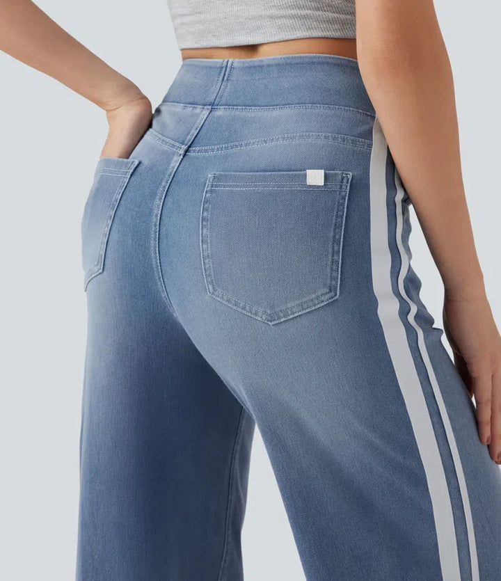 Halara Flex High Waisted Stripe Wide Leg Flowy Washed Casual Jeans with Pockets