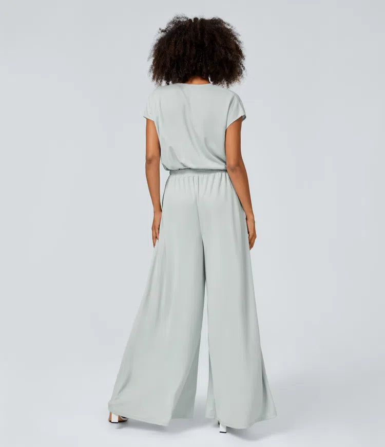 V Neck Short Sleeve Side Pocket Wide Leg Flowy Waffle Casual Jumpsuit