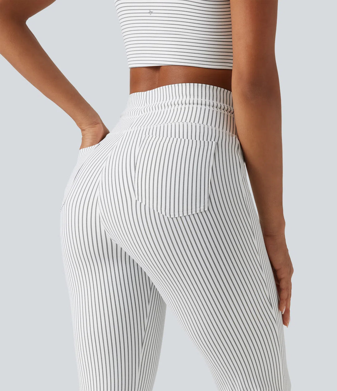 High Waisted Drawstring Stripe Flare Yoga Pants with Pockets
