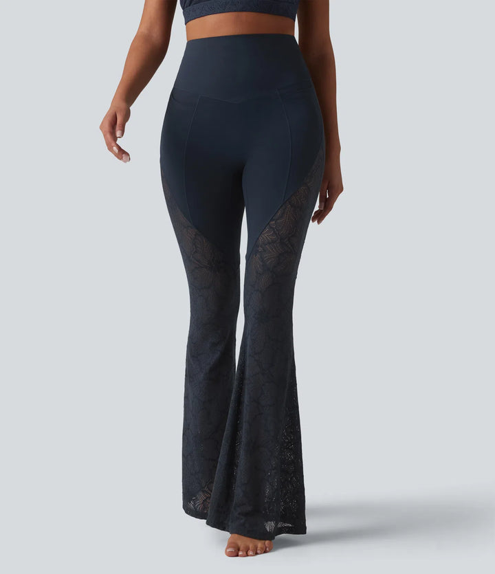 Halara UltraSculpt High Waisted Tummy Control Contrast Lace Yoga Flare Leggings with Pockets