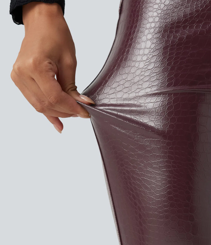High Waisted Snakeskin Print Stretchy PU Fleece Casual Leggings with Pockets