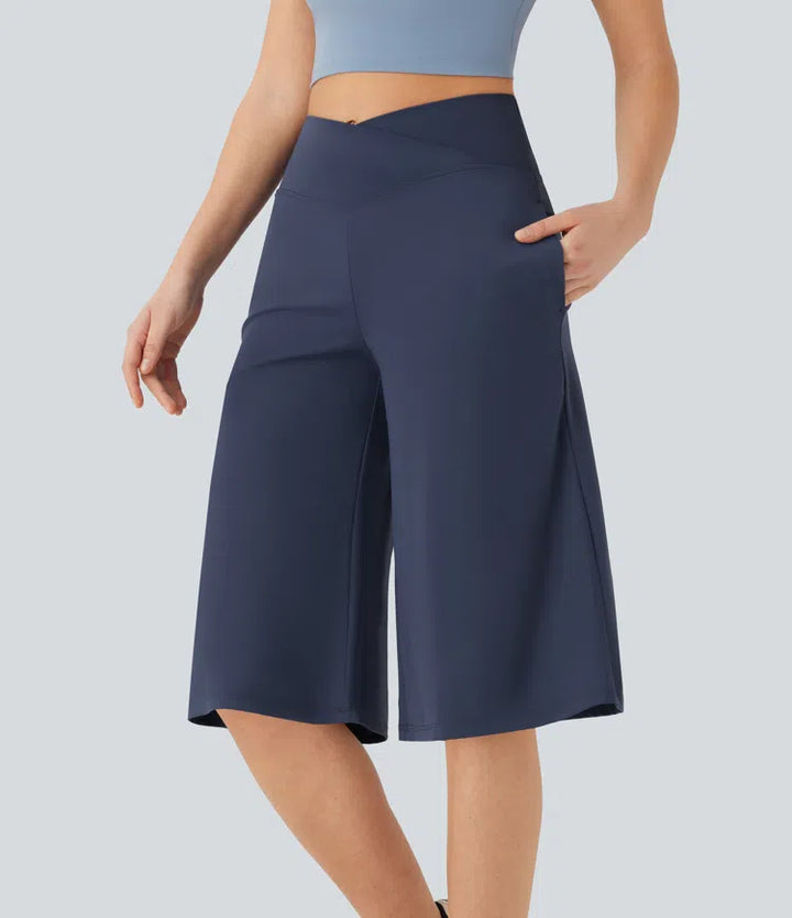 SoftlyZero Airy Crossover High Waisted Wide Leg InstantCool Yoga Pedal Pusher Pants with Pockets