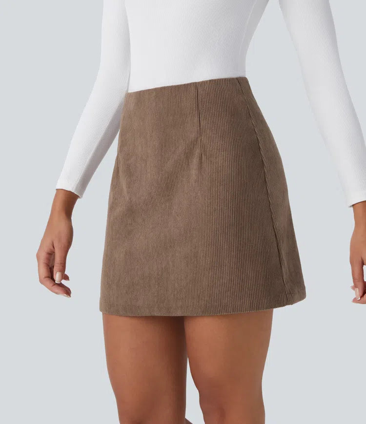 High Waisted 2-in-1 A Line Mini Corduroy Casual Skirt-Longer Length