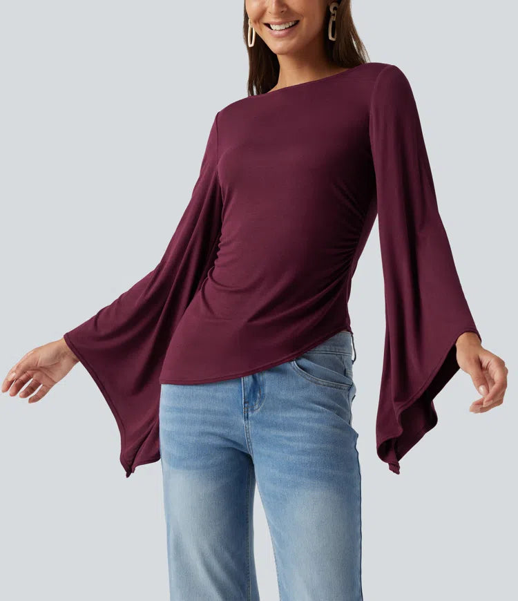 Ribbed Boat Neck Asymmetric Flounce Long Sleeve Ruched Casual Top
