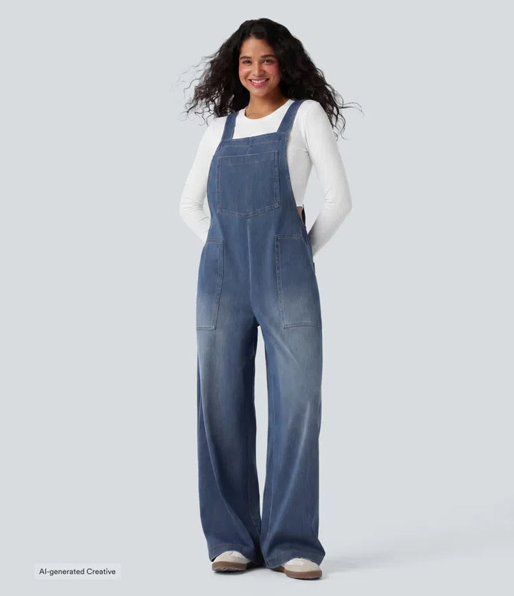 Halara Flex Square Neck Washed Denim Casual Overalls with Pockets