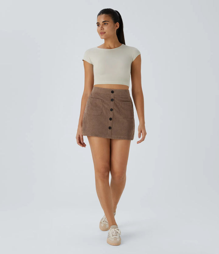 High Waisted Pocket Zipper 2-in-1 Corduroy Mini Casual Skirt