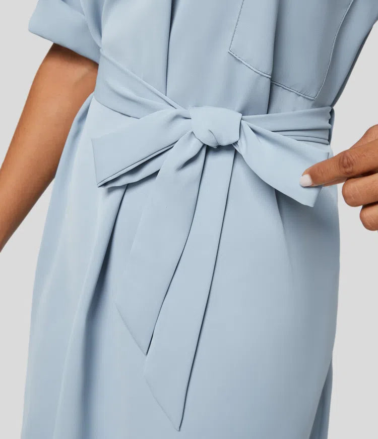 Roll Up Sleeve Belted Relaxed Work Shirt Dress