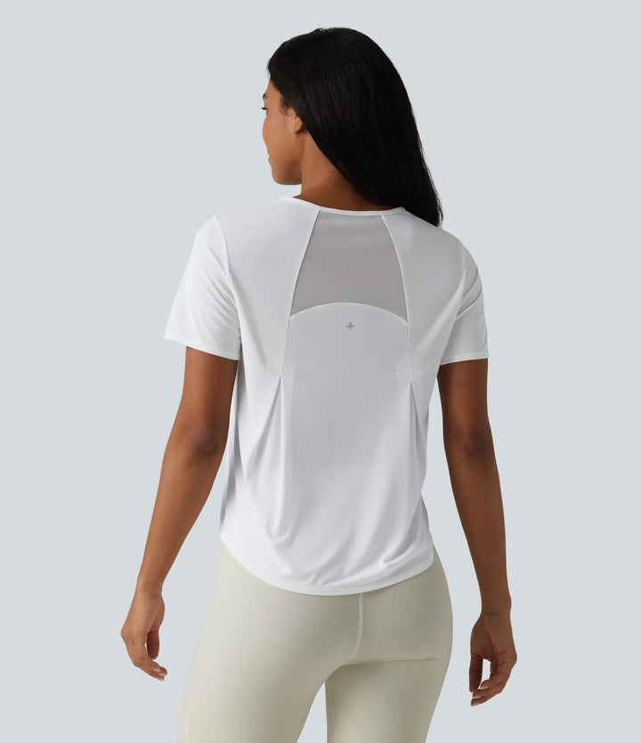 Round Neck Short Sleeve Contrast Mesh Curved Hem Running Sports Top