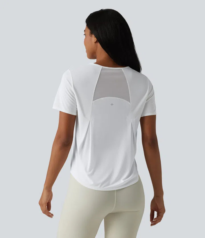 Round Neck Short Sleeve Contrast Mesh Curved Hem Running Sports Top