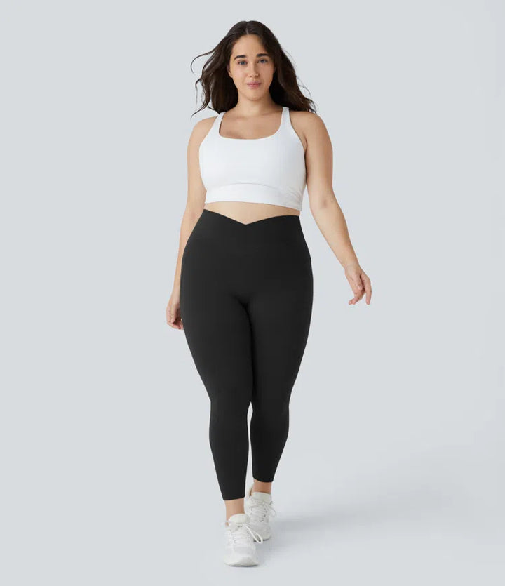 SoftlyZero High Waisted Crossover Pocket Plain Plus Size Full Length Leggings