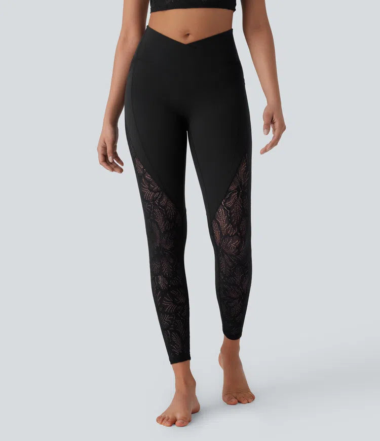 SoftlyZero High Waisted Crossover Pocket Contrast Lace 7/8 Yoga Leggings