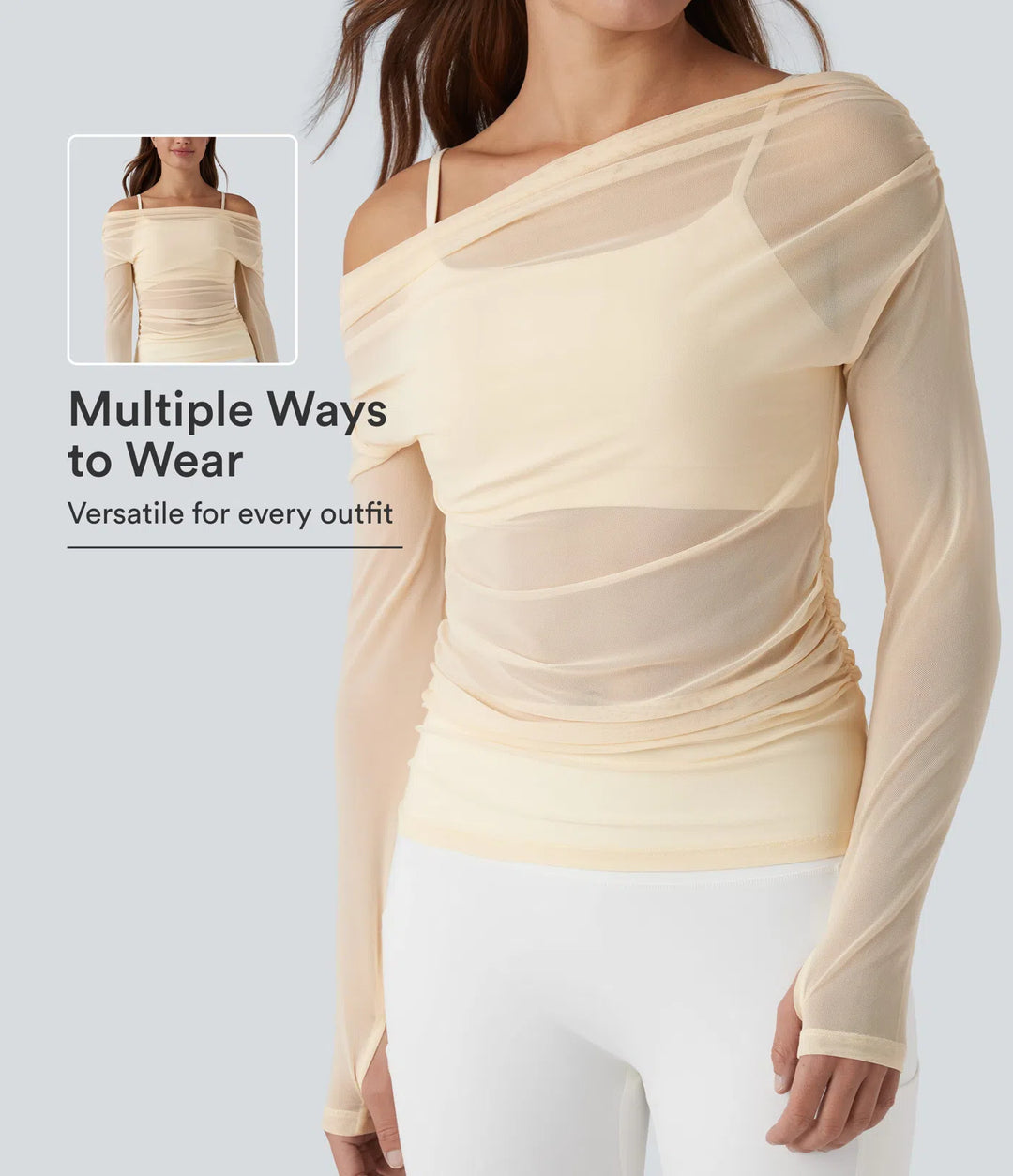 One-shoulder Long Sleeve Thumb Holes Ruched Mesh 2-in-1 Yoga Sports Top