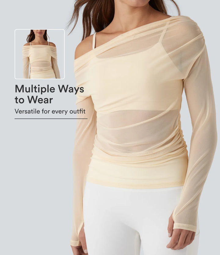 One-shoulder Long Sleeve Thumb Holes Ruched Mesh 2-in-1 Yoga Sports Top
