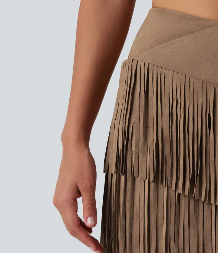 Crossover High Waisted 2-in-1 Fringe Hem Bodycon Mini Suede Party Skirt-Longer Length