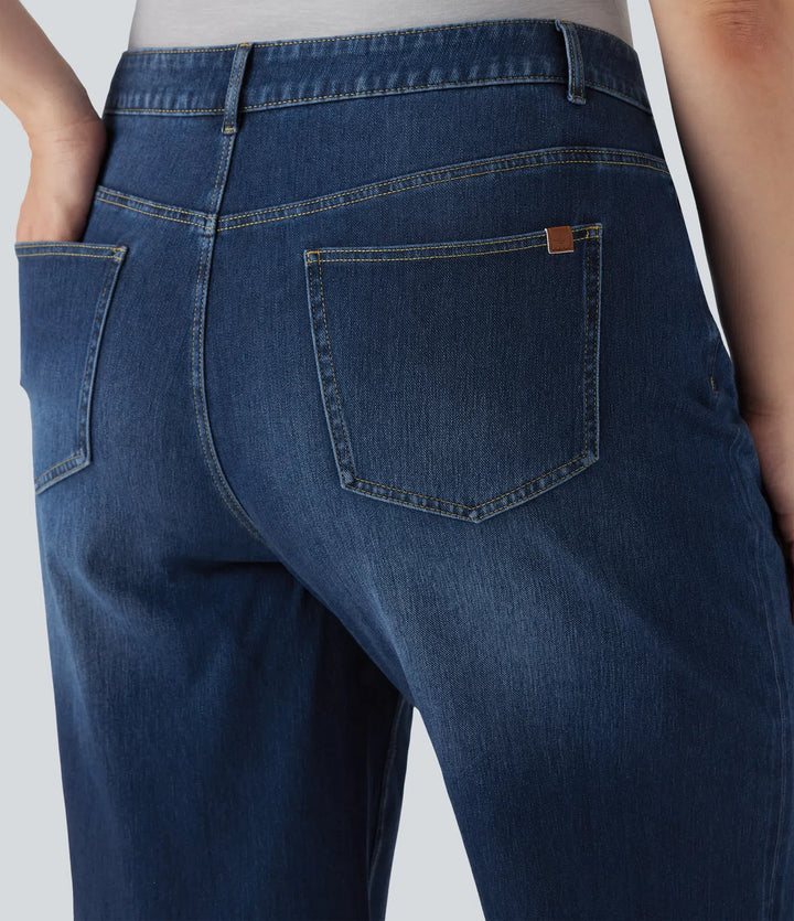 Plus Size Halara Flex High Waisted Wide Leg Rolled Hem Washed Stretchy Knit Casual Jeans with Pockets