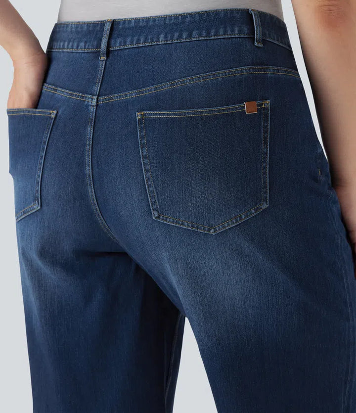 Plus Size Halara Flex High Waisted Wide Leg Rolled Hem Washed Stretchy Knit Casual Jeans with Pockets
