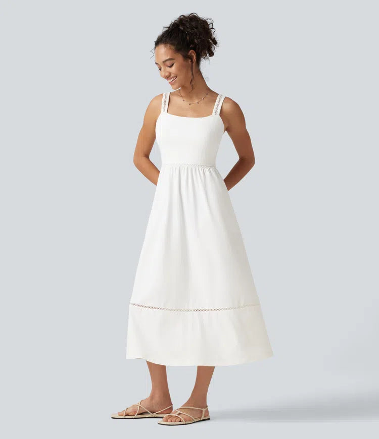 Square Neck Cut Out A-Line Flowy Midi Resort Tank Dress with Pockets