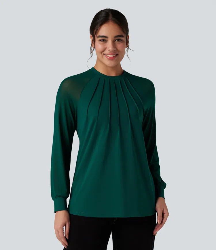 Round Neck Raglan Long Sleeve Contrast Mesh Casual Blouse