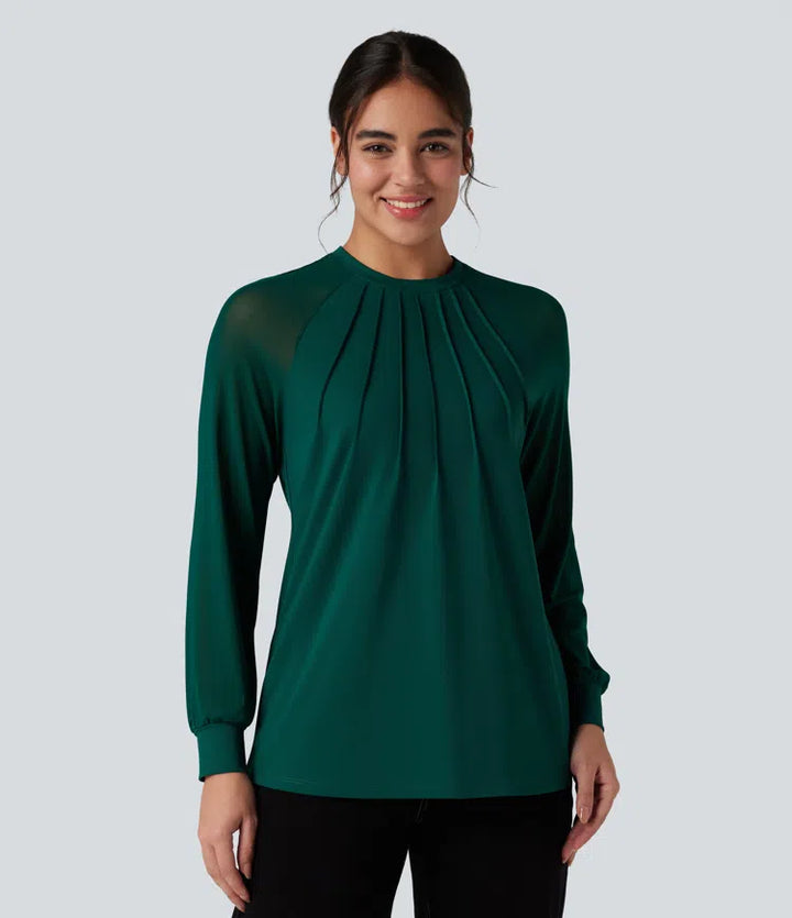 Round Neck Raglan Long Sleeve Contrast Mesh Casual Blouse