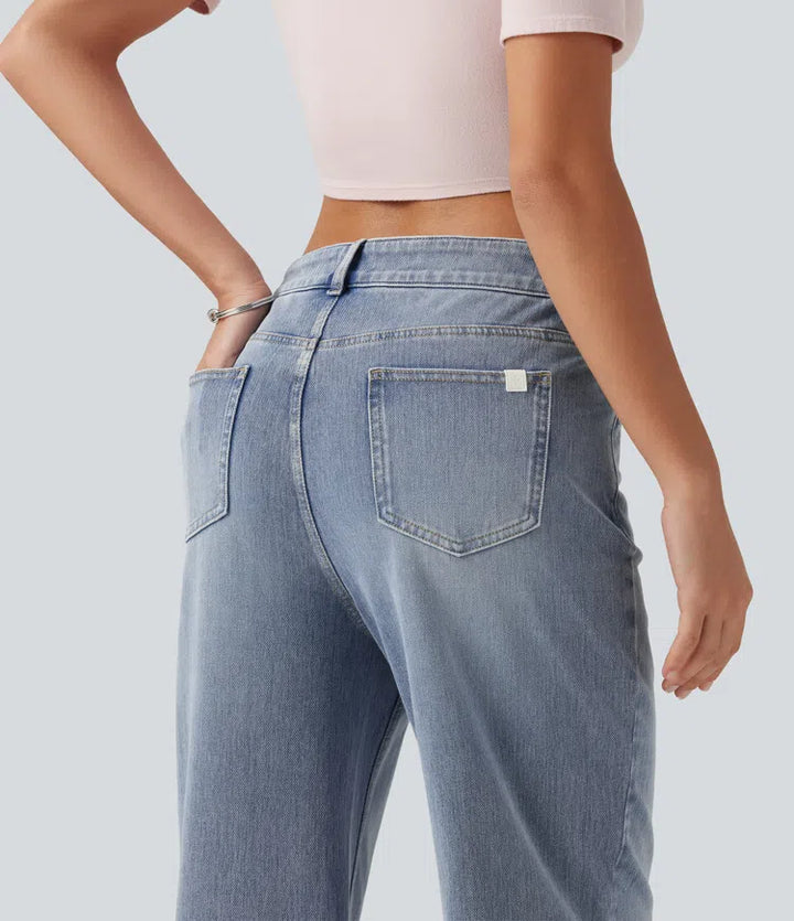 Halara Flex Asymmetric Mid Rise Straight Leg Casual Jeans with Pockets