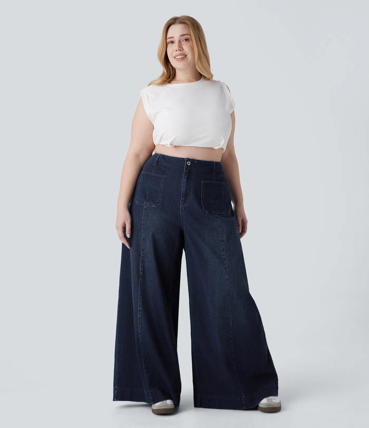 Halara Flex High Waisted Pockets Washed Casual Wide Leg Plus Size Jeans