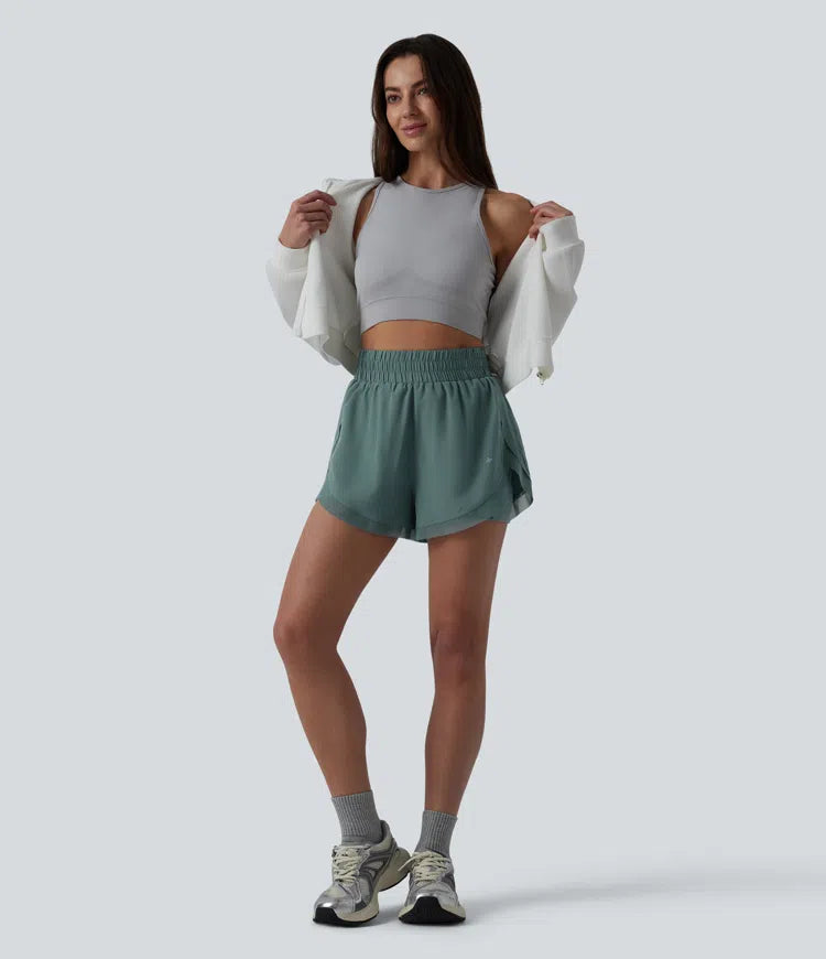 High Waisted Contrast Mesh 2-in-1 Running Shorts with Pockets
