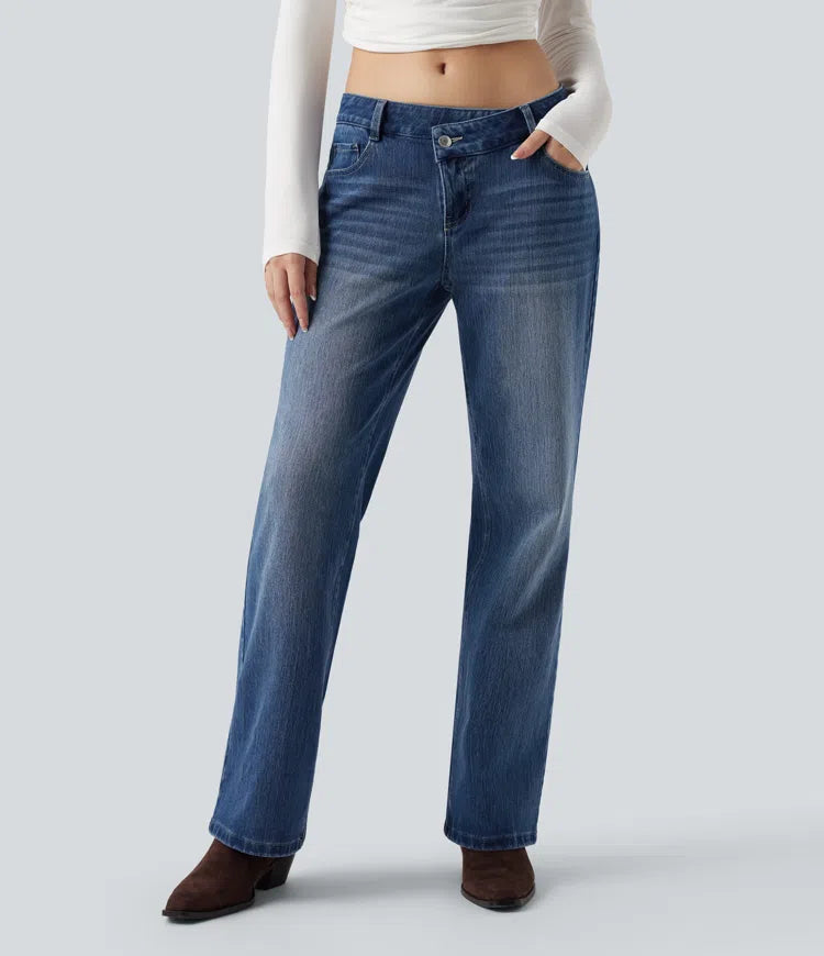 Halara Flex Asymmetric Low Rise Straight Leg Casual Jeans with Pockets