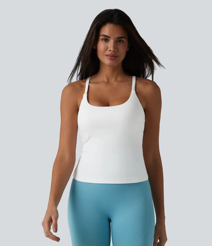 Scoop Neck Crisscross Back Crossover Hem Built-in Bra Yoga Cami Top DD-F Cups