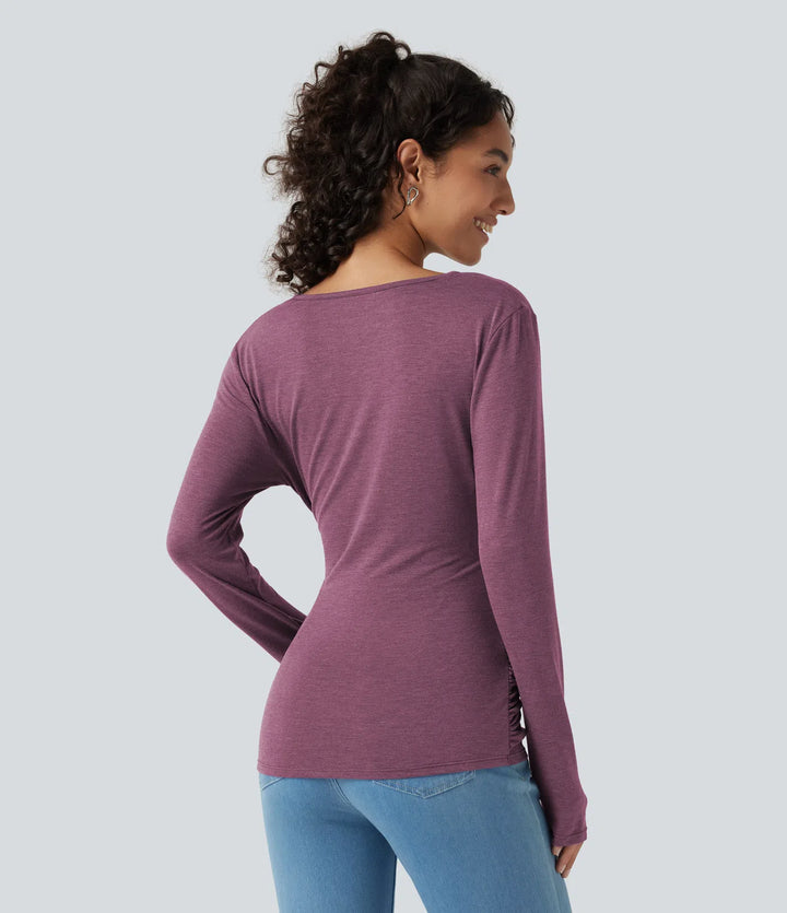 V Neck Long Sleeve Ruched Casual Top