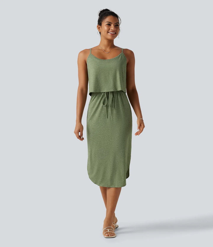 Drawstring Curved Split Hem Midi Casual Slip Dress