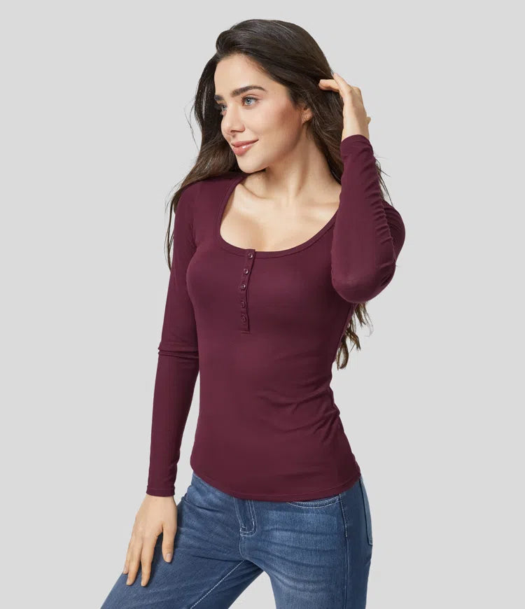 Ribbed Henley Neck Long Sleeve Slim Casual T-Shirt