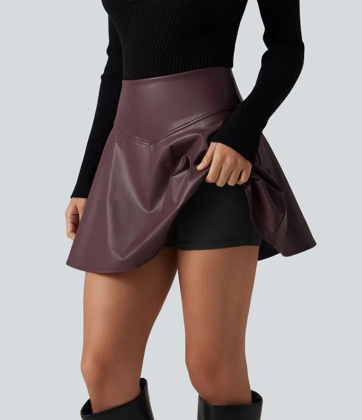 High Waisted Tummy Control Fleece Casual PU Leather Mini Skirt with Built-in Shorts and Pockets