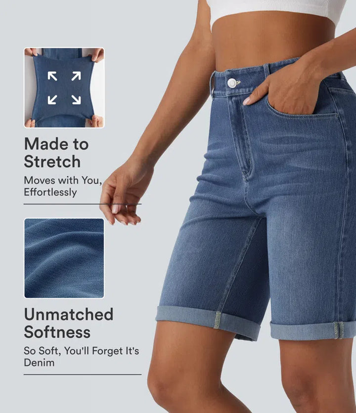 Halara Flex High Waisted Pockets Rolled Hem Washed Denim Casual Bermuda Shorts