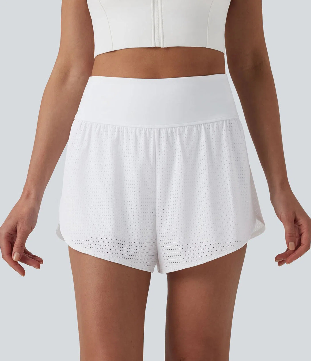 High Waisted Tummy Control Reflective Dots Crossover Curved Hem 2-in-1 Eyelet Yoga Shorts with Pockets
