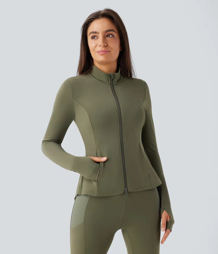 SoftlyZero Stand Collar Thumb Hole Pockets Pleated Zipper Slim Jacket