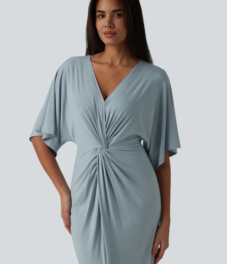 V-neck Batwing Sleeve Twisted Tulip Hem Midi Casual Dress