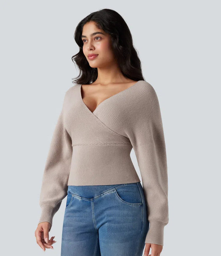 V-neck Batwing Long Sleeve Cut-out Casual Sweater
