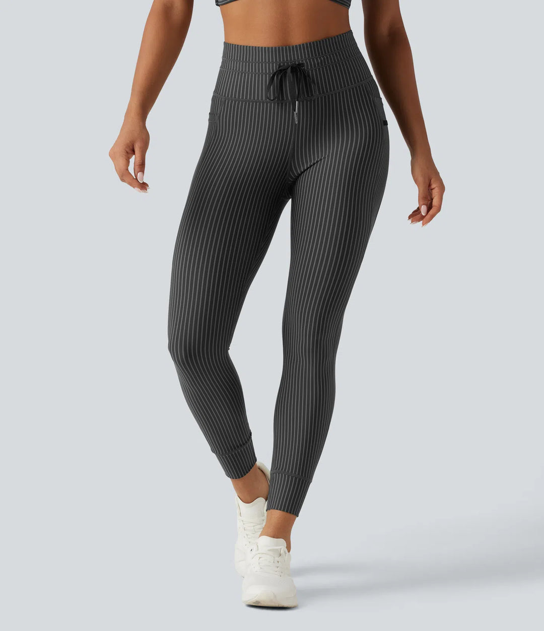 High Waisted Drawstring Stripe Yoga Leggings with Pockets