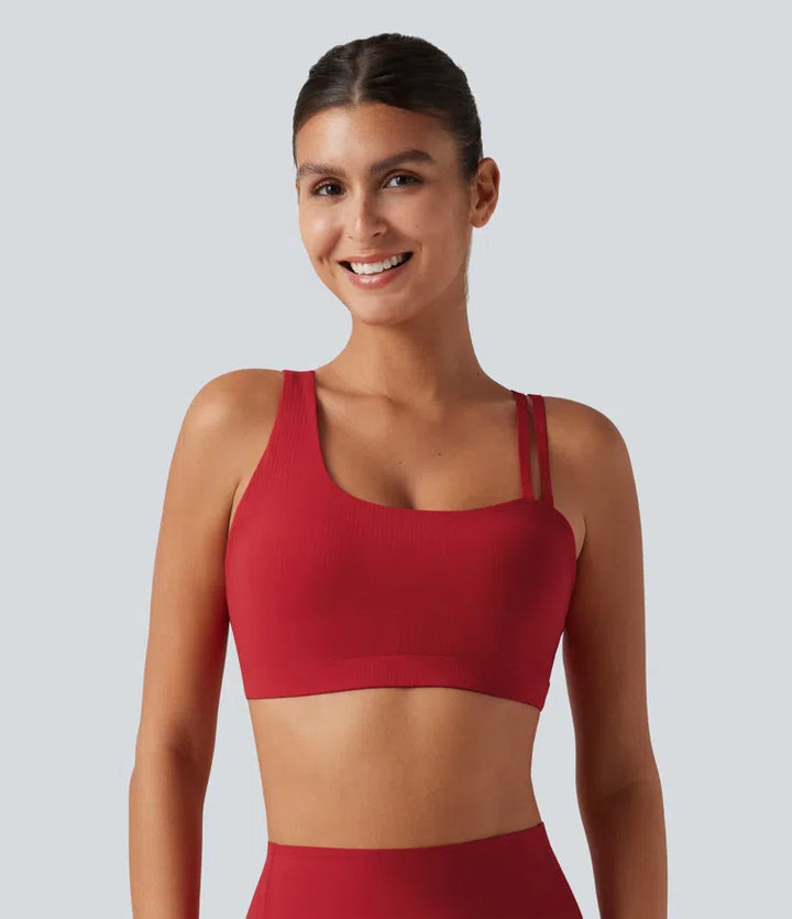 Halara UltraSculpt Ribbed Low Support Asymmetric Cut Out Built-in Bra Running Sports Bra