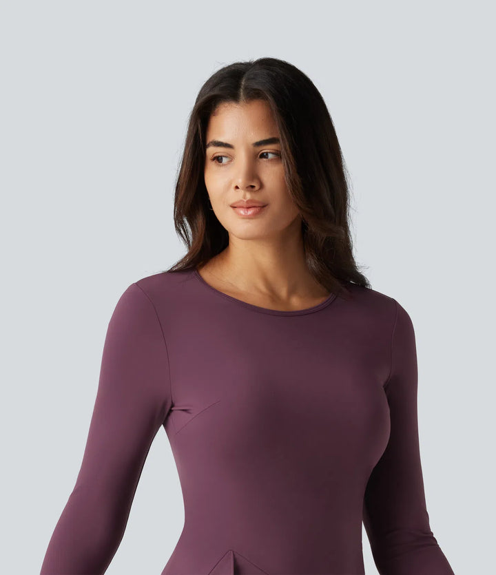 SoftlyZero Airy Round Neck Long Sleeve Layered Ruffle Hem InstantCool Mini Casual Dress