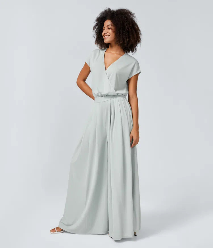 V Neck Short Sleeve Side Pocket Wide Leg Flowy Waffle Casual Jumpsuit