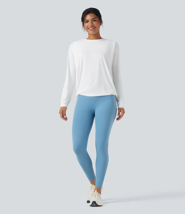 Round Neck Long Sleeve Ruched Yoga Sports Top-UPF50+