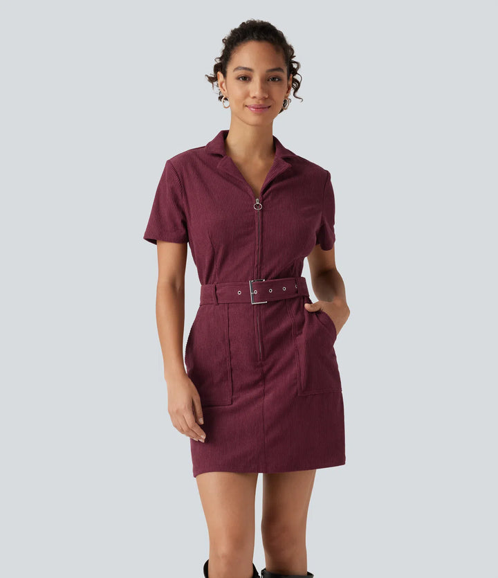Short Sleeve Belted Corduroy Mini Casual Dress with Pockets