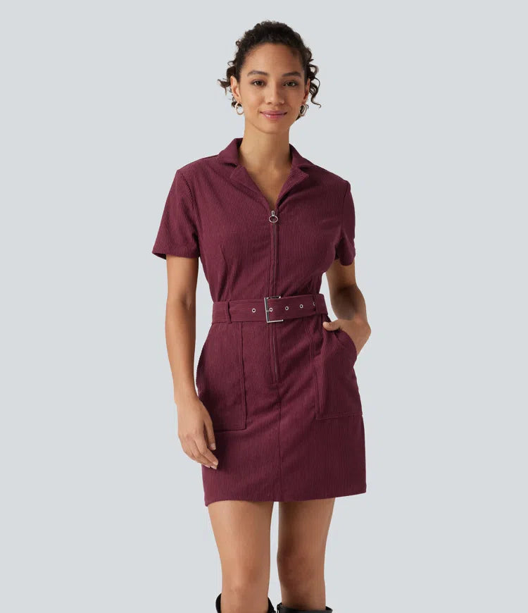 Short Sleeve Belted Corduroy Mini Casual Dress with Pockets