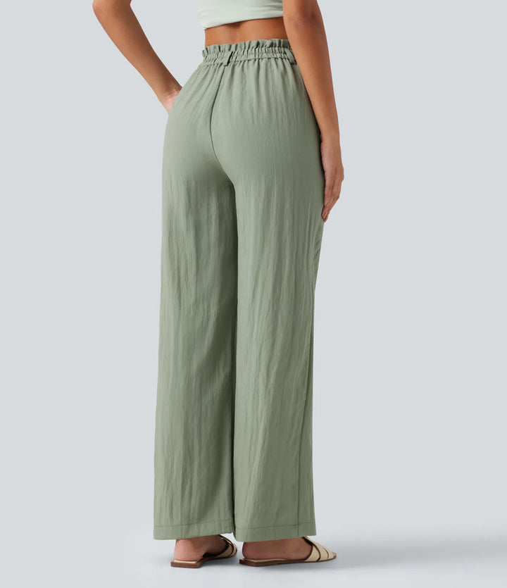High Waisted Wide Leg Casual Linen-Blend Pants with Pockets