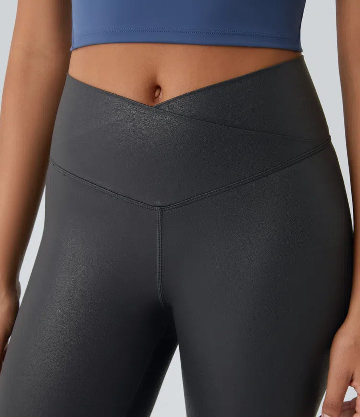 SoftlyZero Faux Leather Crossover Pocket Foil Print Stretchy Casual Leggings