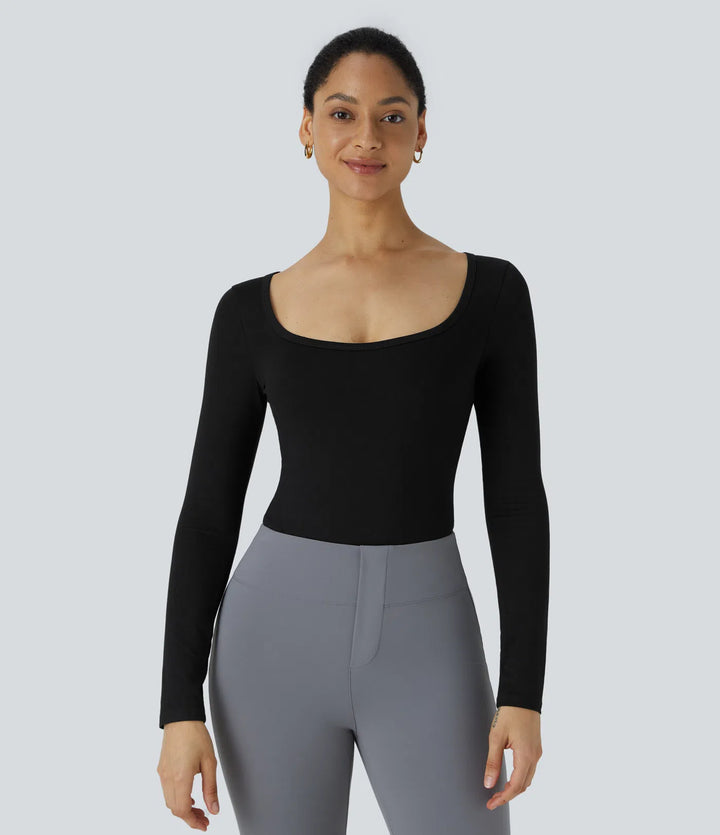 U Neck Long Sleeve Snap Skinny Work Bodysuit