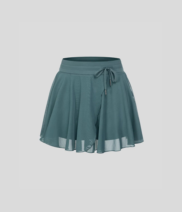 High Waisted Drawstring Contrast Mesh 2-in-1 Pocket Flowy Mini Flare Casual Skirt